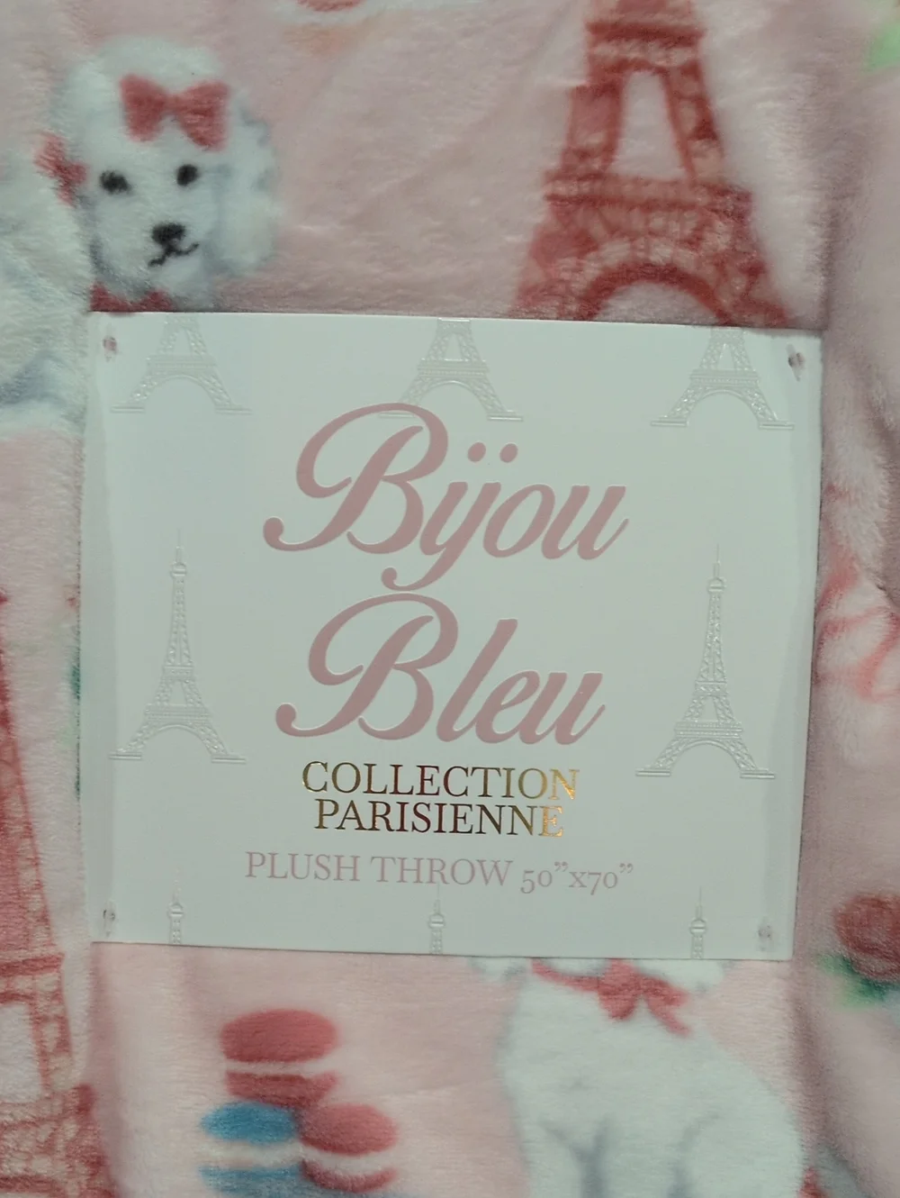 Bijou Bleu Plush Throw - Pink Eiffel & Puppy Print 50x70 Beautiful